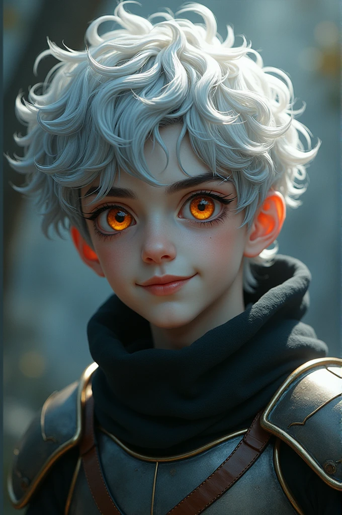 Creat a young male, gray skin, orange eyes, smiling softly, curly white hair with black highlights part, wearing light iron armor