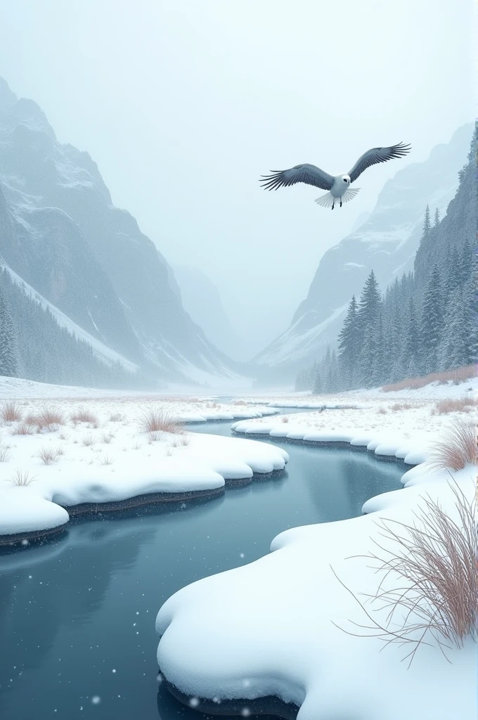 Mountain river Bird snow falls field video
