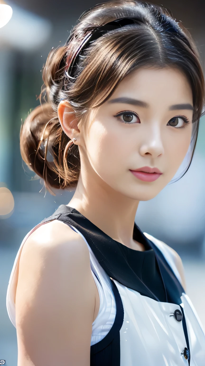 (1 Girl:1.3, solo), (Audrey Hepburn:1.3), (Professional attire:1.3), (22 years old: 1.1), (Walk from Tokyo Station:1.3), (Attractive random poses:1.3), (in Tokyo:1.3), (looking straight at you:1.3), (stare at you:1.3), (Front view:1.3), BREAK, (pony tails:1.3), (Shiny black thinning hair:1.2), bangs, Dark brown eyes, Beautiful eyes, Princess Eyes, (Big eyes:1.3), bangs, hair between eye, Short hair:1.3, (Slender:1.1), (small breasts:0.90), (Thin waist: 1.15), (detailed beautiful girl: 1.4), parted lip, Red lips, full makeup, (Shiny skin), ((Perfect female body)), (Upper body image:1.3), Perfect anatomy, Perfect proportions, (The most beautiful Korean actress face:1.3, Extremely cute and beautiful Japanese actress face:1.3), BREAK, (View viewer, Wearing cute bitch coordinates, (Crazy meticulous white cotton vest:1.3), Detailed clothes, BREAK, (Detailed background of the Tokyo Conference:1.2), (Soft studio lighting: 1.3), (Fake lights: 1.3), (Backlight: 1.3), BREAK, (Realistic, Photorealistic: 1.37), (Masterpiece, Best quality: 1.2), (Ultra-high resolution: 1.2), (RAW photo: 1.2), (Sharp focus: 1.3), (Face focus: 1.2), (Ultra detailed CG unified 8K wallpaper: 1.2), (Beautiful skin: 1.2), (Pale skin: 1.3), (super sharp focus: 1.5), (super sharp focus: 1.5), (Beautiful pretty face: 1.3), (Super detailed background, detailedbackground: 1.3), Ultra Realistic Photo, Hyper Sharp Image, Hyper Detail Image,