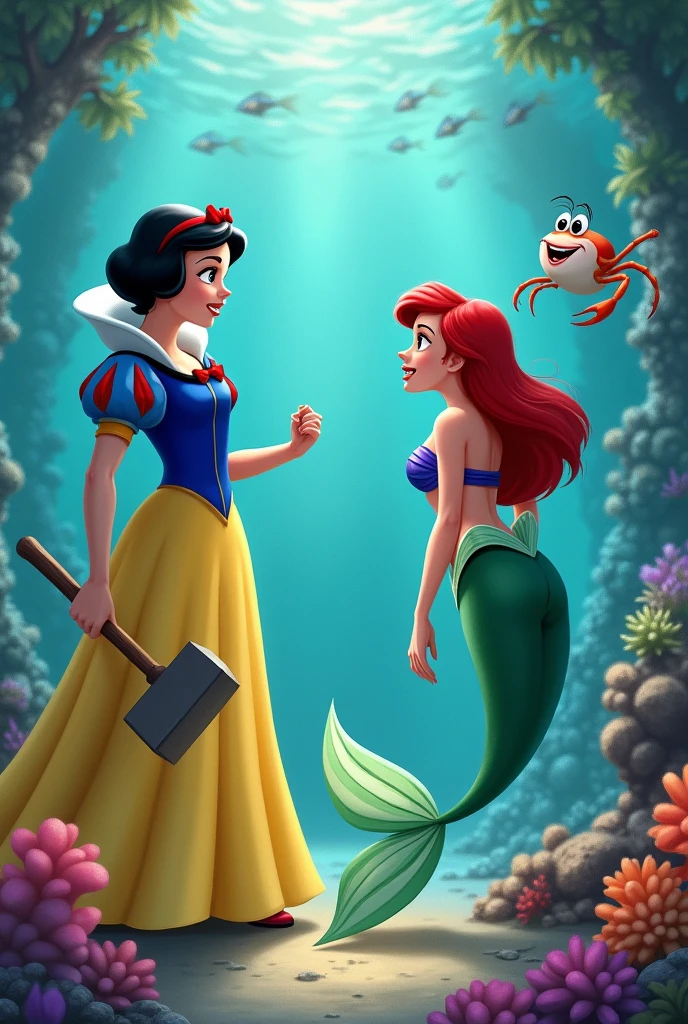 Snow White hitting the little mermaid with a hammer and a crab pinching the little mermaid's buttock