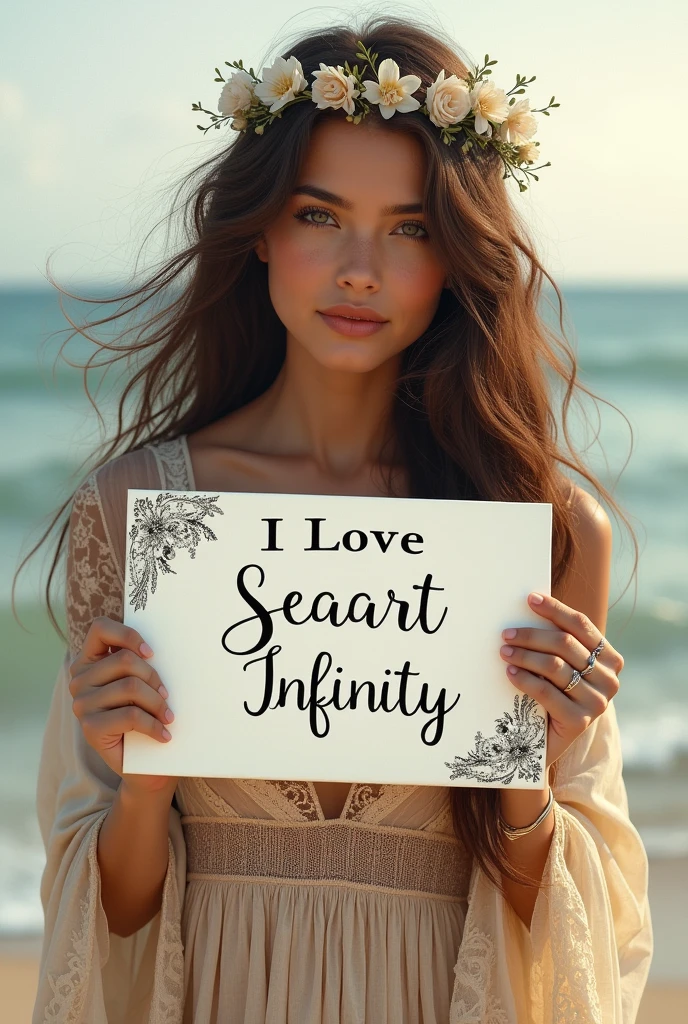 Beautiful girl with wavy long hair, bohemian dress, holding a white board with text "I Love Seaart Infinity" and showing it to the viewer