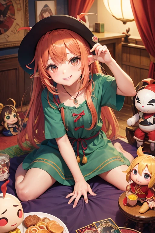 carnival, Friendly, Zaako♡, Goblin Woman, masterpiece, Tengu, (Fortune teller: 0.8), (sleepy: 0.8), Intimate, (アニメ: 1.2), Stocky, Happy, Angelic French doll, Shirt dress, Kutsushita
