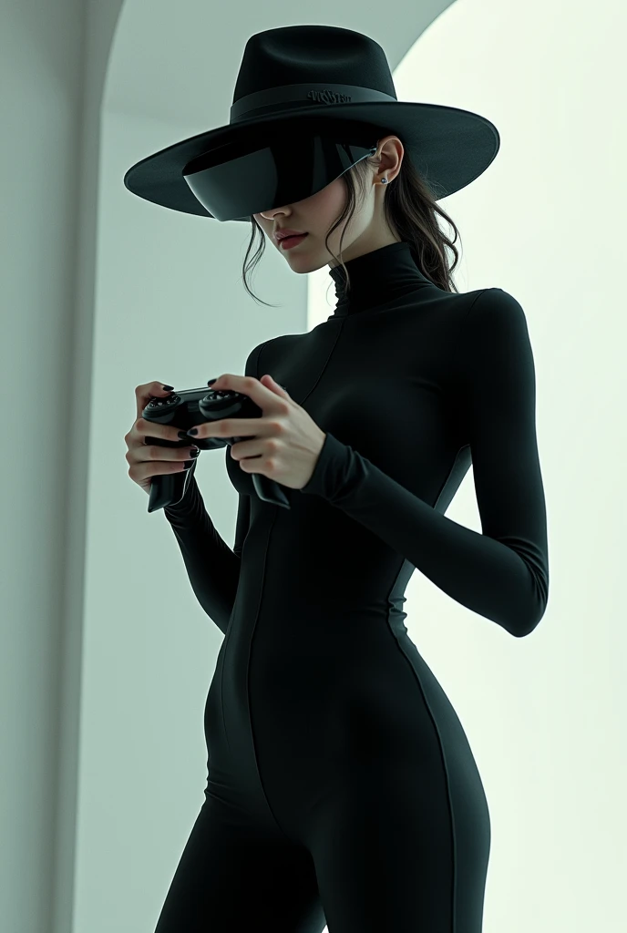 Create a girl in a black jumpsuit with long sleeves with a hat covering her eyes and with a video game controller in her hands.