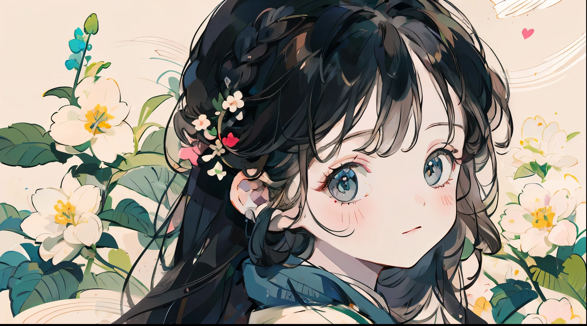Background full of many flowers.、Close up portrait of smiling woman looking back。There are also many flowers in the braid hair.。Beautiful illustrations full of happiness.、floral background、extremely high quality、high level image quality、Extremely delicate drawing.。Rarely seen labor
