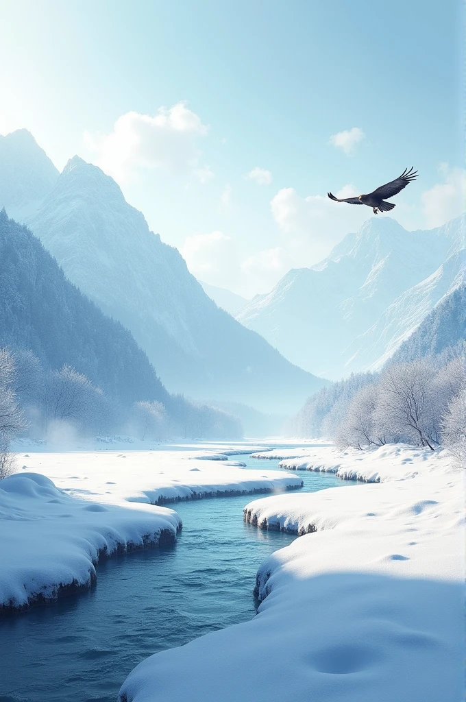 Mountain river Bird snow falls field video