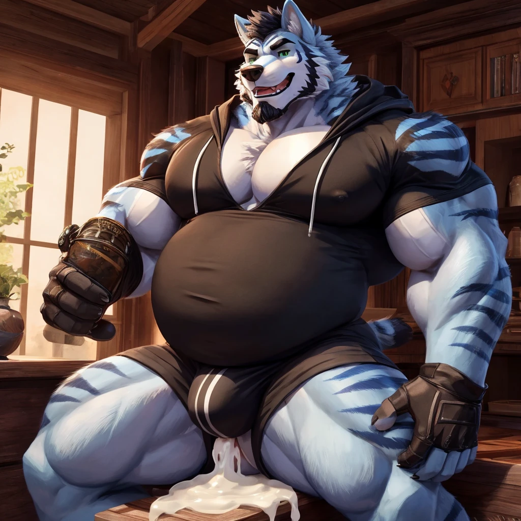 ((Ultra High Quality)), ((masterpiece)), ((Ultra detailed)), ((4k)).

, Anthro , Wolf , Handsome , Anthro Wolf  , Light Blue Wolf , Light Blue Fur , Black Short Hair , Black Beard ,tiger Stripe fur , Handsone , Good Looking , Green Eyes ,(Eyes Details), Middle Ages , Huge Pecs , Bodybuilder Fat , big belly , Bulge  , Black Hoodies , black shirt , Sunglasses , Black Gloves , Anal , anal sex , messy cum , Solo , cum in ass , cum in mouth , huge cock in ass , cum body