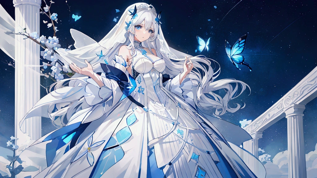 A woman with white hair and blue eyes、adult、Long and wavy hairstyle、White Veil、dress、butterfly々is stuck on my finger、青いbutterfly々、White, blue or light blue flowers、Fantasy