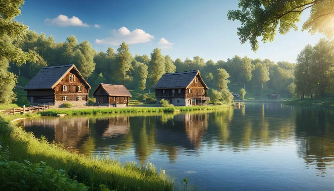 Morning. Nature. Sunny. Lake. Trees. Village .Forest. Professional photo, 4k, hyperrealism, f/16, 1/100s, high definition, depth of field, hyper detail. Beautiful. In the distance there is a wooden mill,