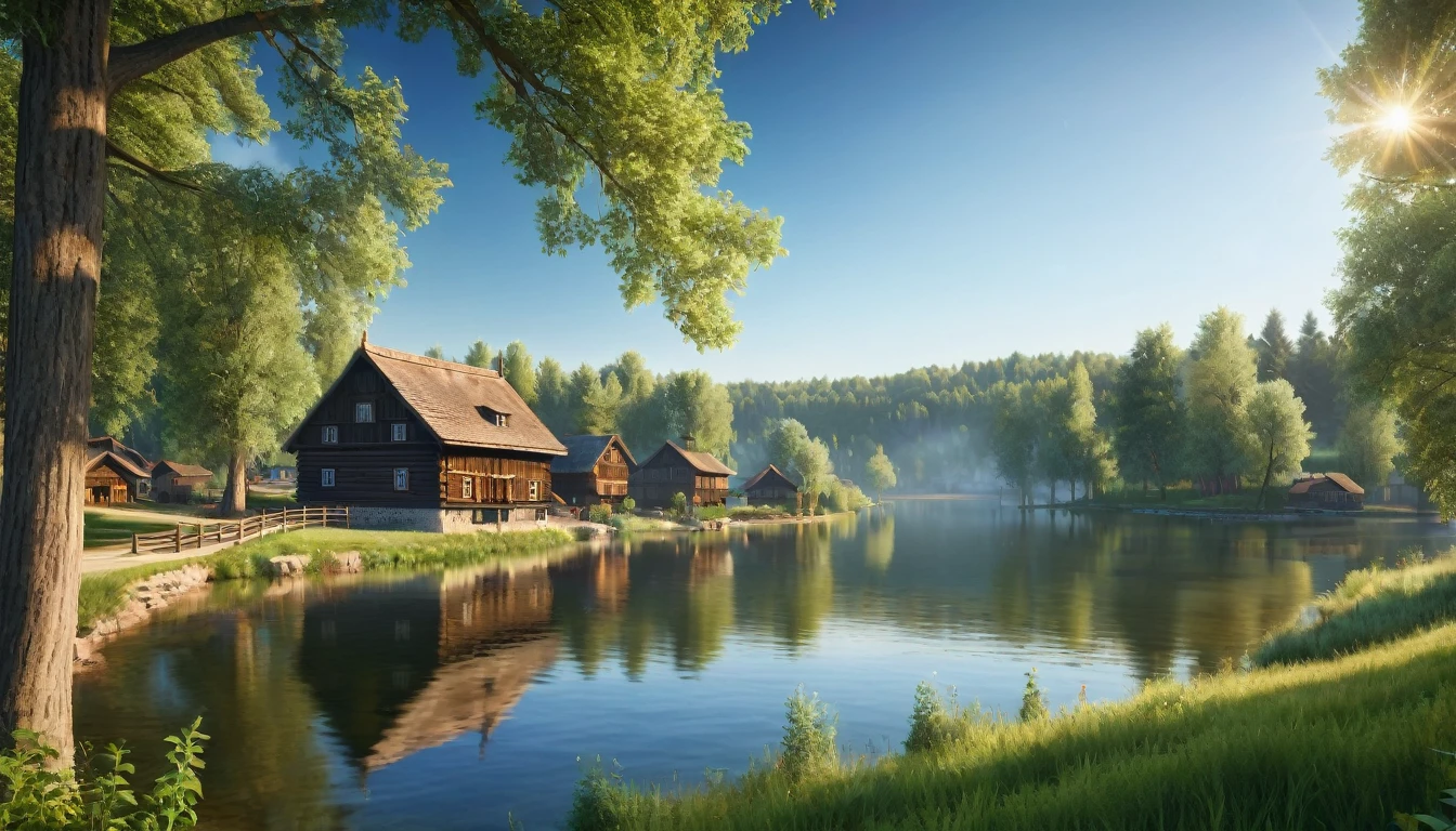 Morning. Nature. Sunny. Lake. Trees. Village .Forest. Professional photo, 4k, hyperrealism, f/16, 1/100s, high definition, depth of field, hyper detail. Beautiful. In the distance there is a wooden mill,