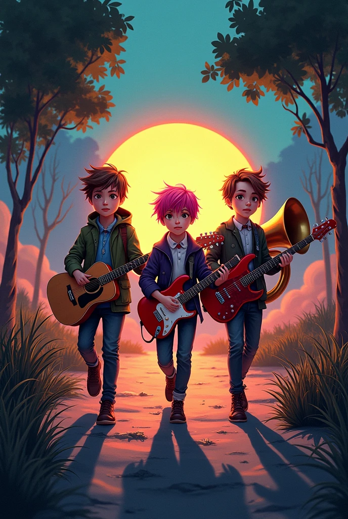 Make a music album cover, where 3 boys come out from behind, One who brings a wooden-colored guitar, another that has pink hair and brings a red guitar and another that I have a tuba, Let them walk out and let them illuminate like a sunrise and everything else is in black and white