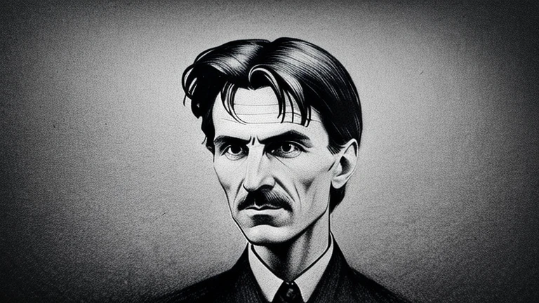 a front view of a great scientist Nikola Tesla on a solid textured background with thinking expression on his face in a charcoal drawing style with dark, strong and white shading.