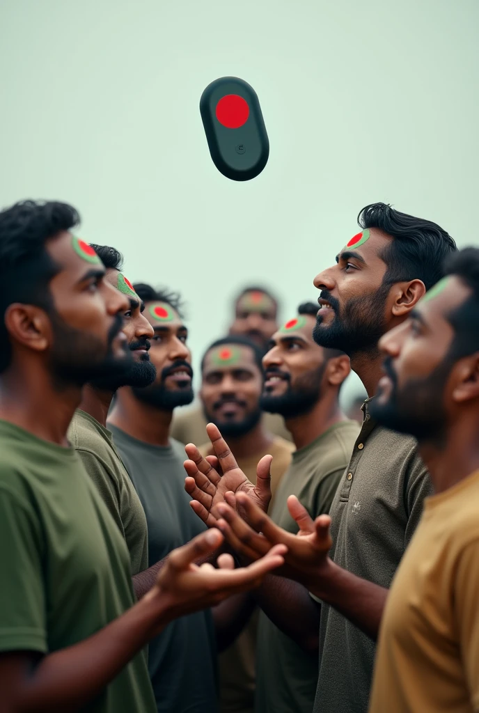 Bangladeshi men who are wearing Bangladesh flag in forehead, reaching out to a bluetooth earbuds which is in the air