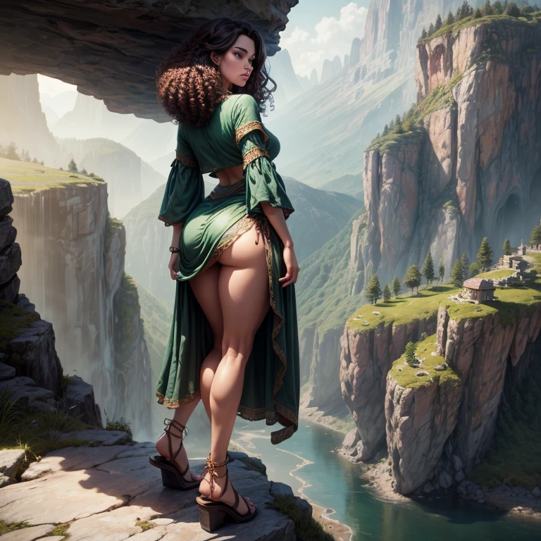 masterpiece, best quality, 1girl, long dark brown hair, curly hair, beautiful woman on the edge of a mountain canyon in a beautiful druid outfit; dressed in a combination of various shades of green; vintage sandals, well-defined thighs, back side view, isometric perspective, masterpiece, UHD