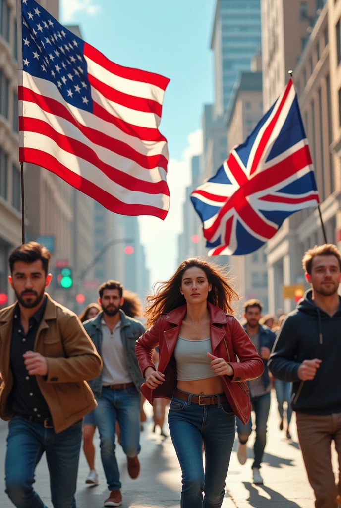 People running after the USA and Great Britain flag