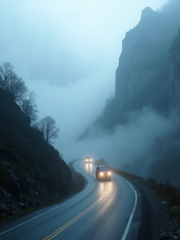 Journey through winding mountain roads shrouded in fog, every curve and detail beautifully rendered in Ultra HD clarity.