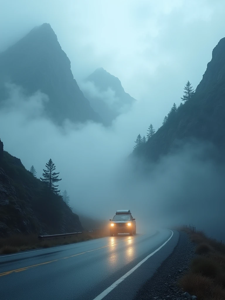 Journey through winding mountain roads shrouded in fog, every curve and detail beautifully rendered in Ultra HD clarity.