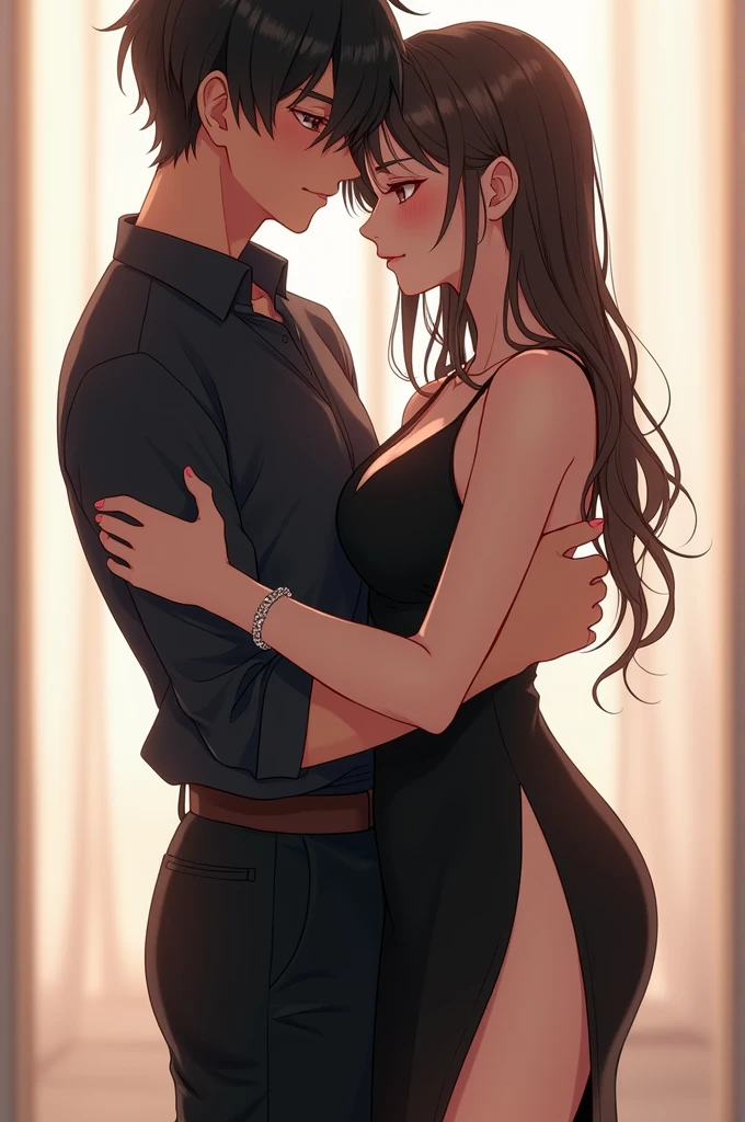 Anime Girlfriend wearing black blouse and black saree shapewear with slit in right side  and silver anklet in right foot and 23 years young boy cuddling her from behind 