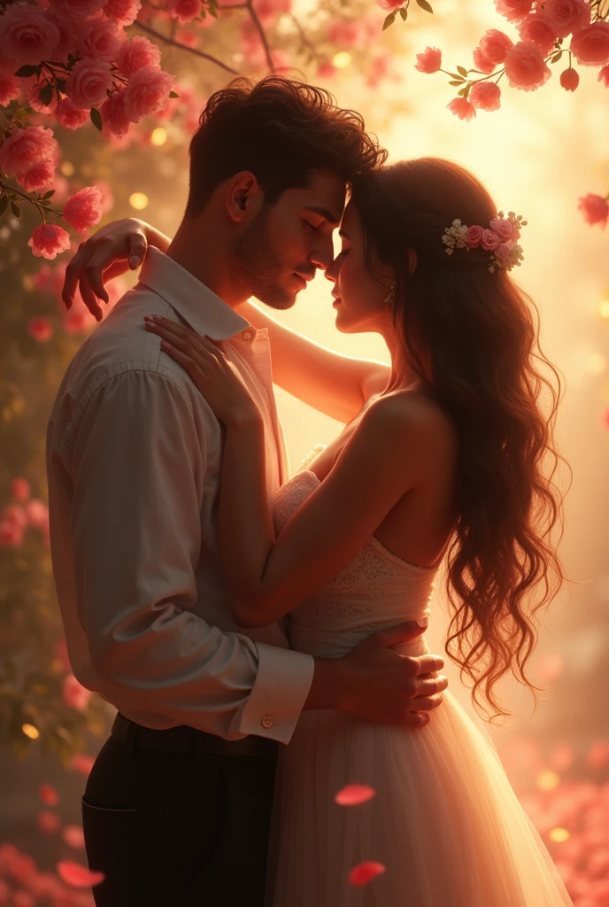 Ink illustration fantasy romanticism style, up-close couple amid hearts, influenced by Brian M Viveros and Esao Andrews, gradient of white, pale pink, burgundy, black with grunge elements, arabesque and swirls in the background, delicate intricate designs, double exposure spiral helix composition at center, layered with ripple and shattered textures, conveying an illusive and ephemeral visual narrative, digital painting, mesmerizing, highly detailed