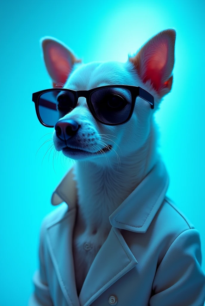 The best cell phone wallpaper, Award-Winning Wallpaper, portrait photography, In the front view is a portrait of a cute dog wearing mid-1960s space age fashion, Side view photo, Shot with Canon EOS R5, Set a strong contrast that accentuates the subject, Fluorescent blue tone, Wearing a very modern coat and sunglasses is a modern 1960s style, Clothes all in one color, beautiful background heaven god