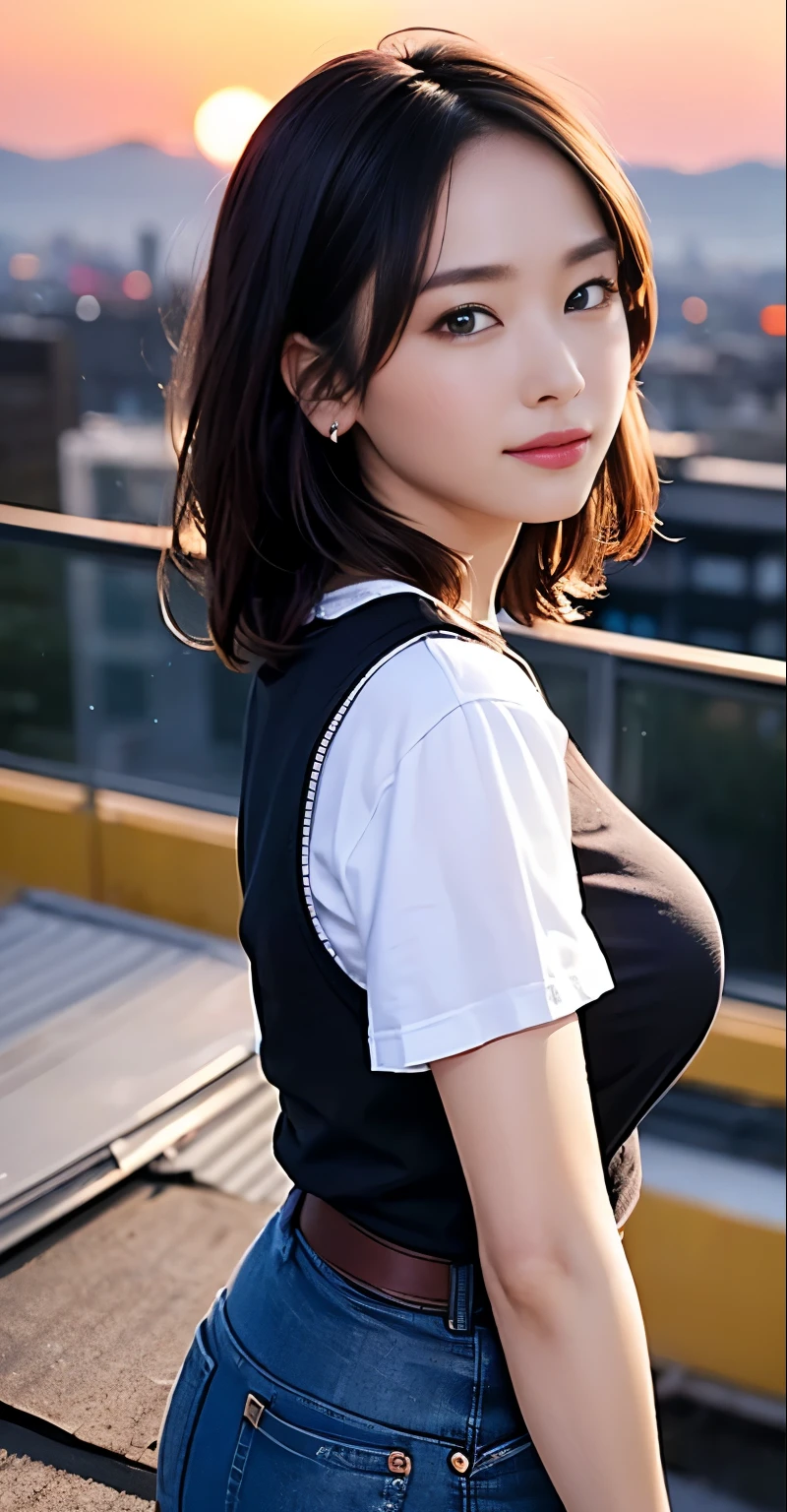 ((Midnight, Highest quality, 8k, Tabletop :1.3)), whole body, Long legs, Sharp focus :1.2, Beautiful woman with perfect figure :1.4, Slim Abs :1.1, ((Dark brown hair, Big Breasts :1.2)), (White tight T-shirt, Jean Bib, Are standing:1.2), ((Night city view, On the roof:1.3)), Highly detailed face and skin texture, Detailed eyes, double eyelid, sunset, turn black, Backlight, Off the shoulder、