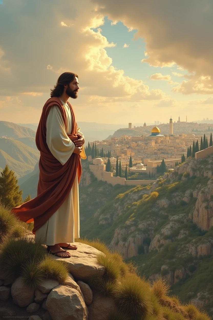 Jesus on the Sion mountain, looking to Jerusalem and crying