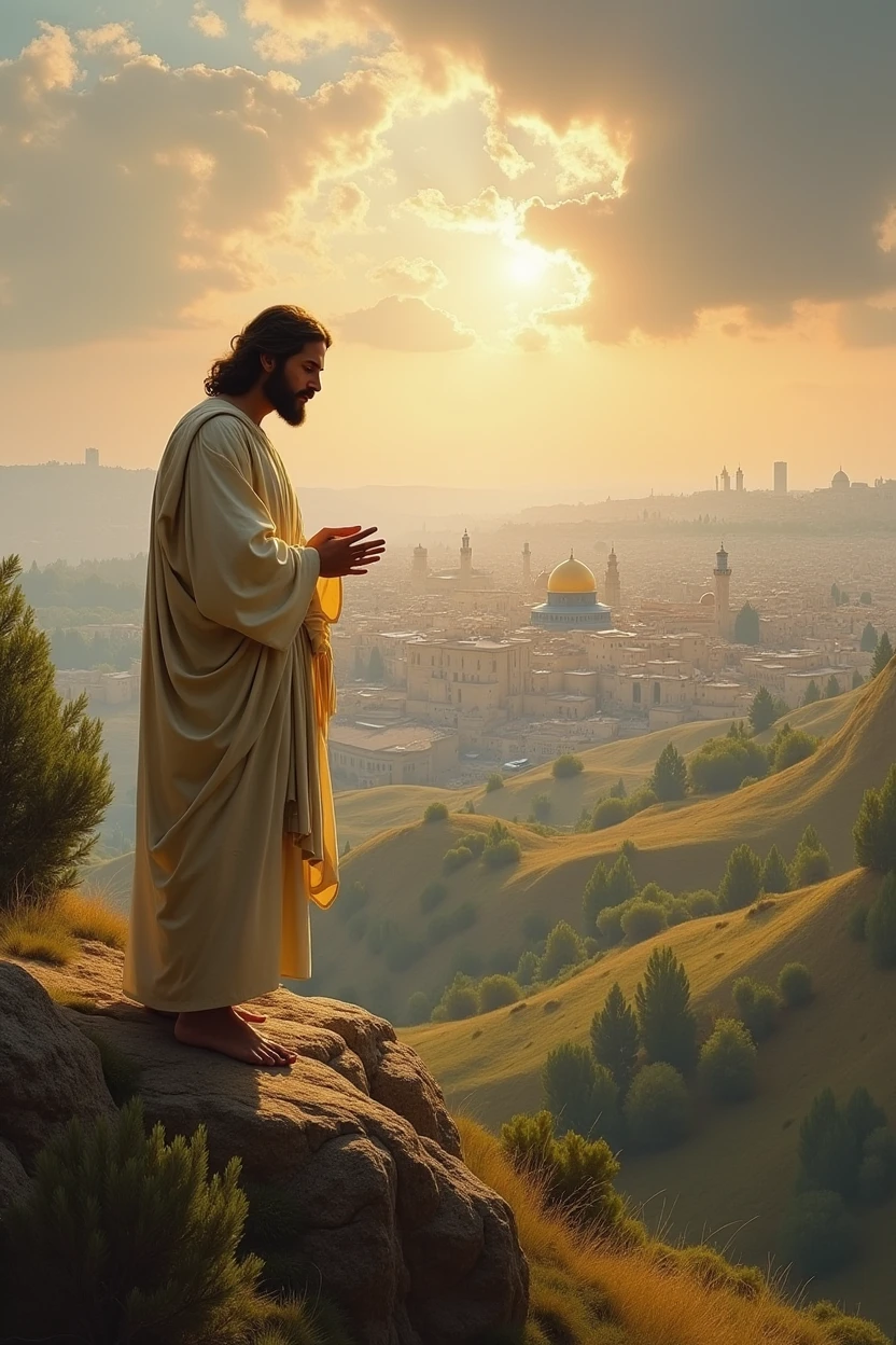 Jesus on the Sion mountain, looking to Jerusalem and crying