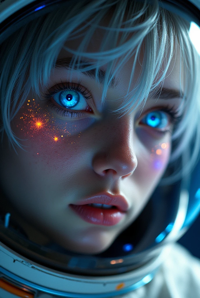 (Close-up of a better masterpiece:1.5)0.9], (Space and astronauts:1.2) (Messy silver hair:1.1) (Heterochromia xanthochromia and blue eyes:1.2) (Space Helmet:1.0) (Colored stars in the eyes:1.0) (A radiant glow:1.1) (thick lips:0.9)