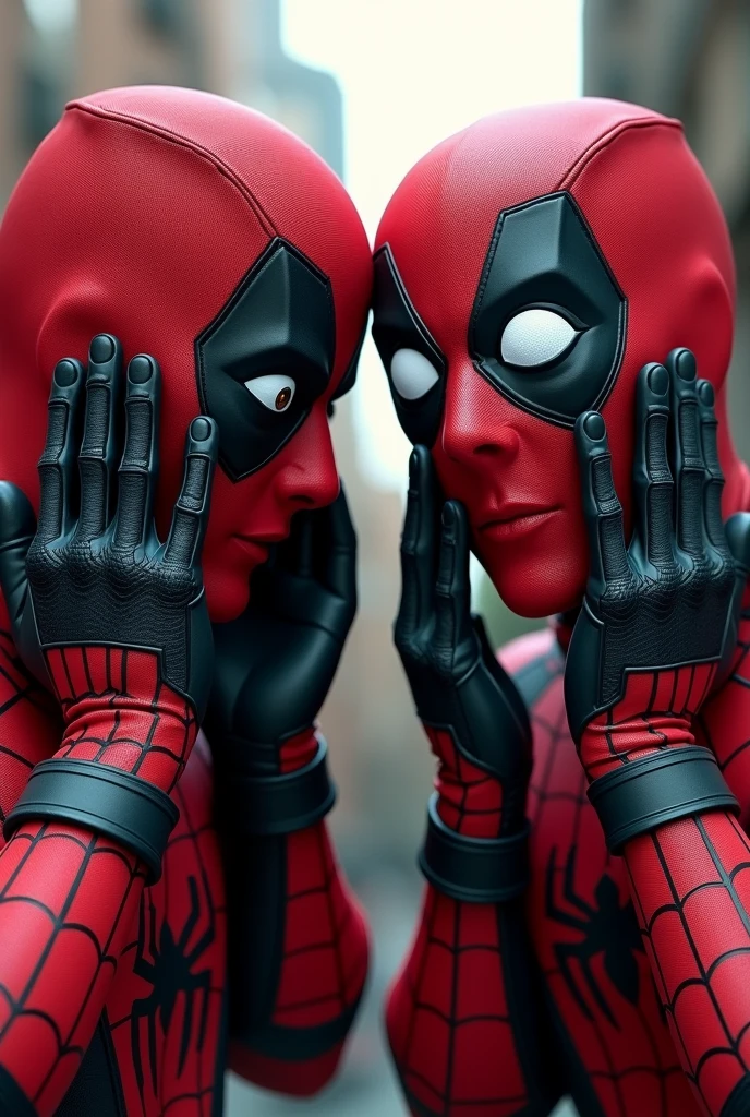 Create an image featuring Deadpool and Spider-Man. Both characters should be doing a surprised expression with their hands on their cheeks, mimicking the classic pose where Deadpool looks shocked with wide eyes and his hands on his face