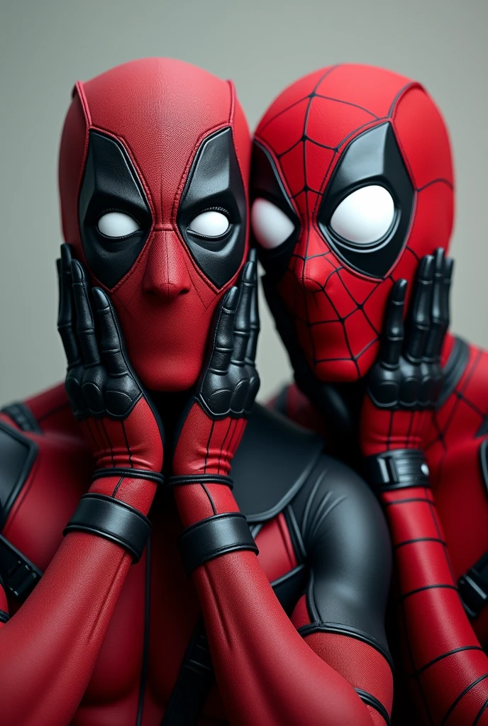 Create an image featuring Deadpool and Spider-Man. Both characters should be doing a surprised expression with their hands on their cheeks, mimicking the classic pose where Deadpool looks shocked with wide eyes and his hands on his face