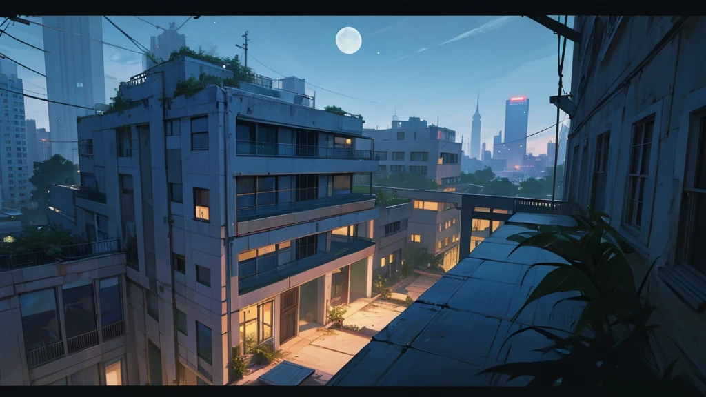 make the terrace of a building at night. in an abandoned city taken over by plants. the sky is clear and the moon is full.