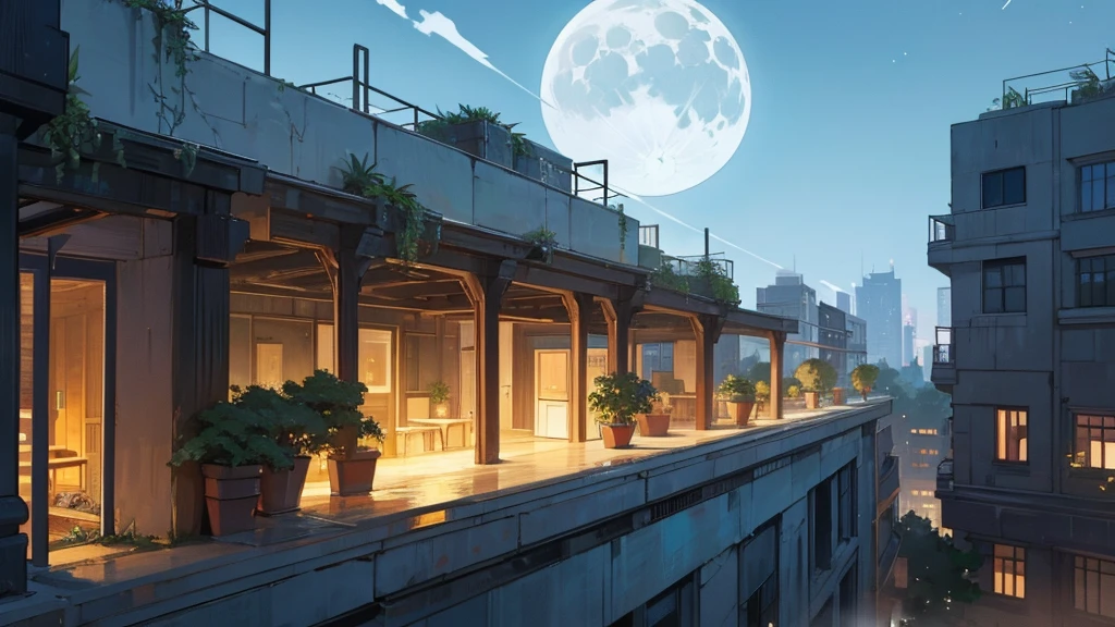 make the terrace of a building at night. in an abandoned city taken over by plants. the sky is clear and the moon is full.