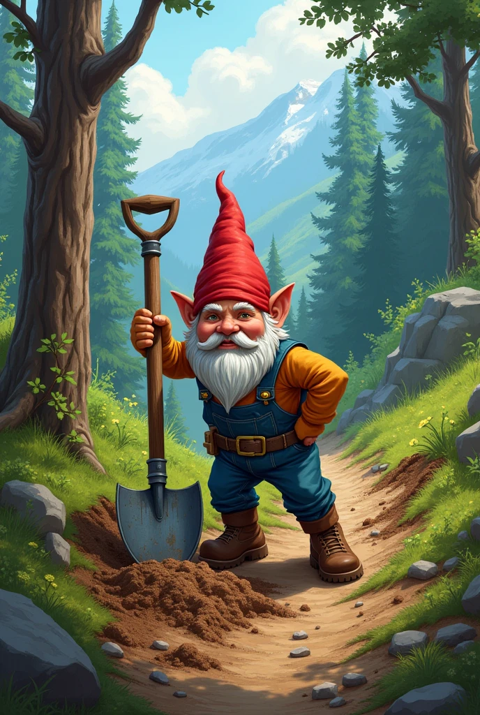 Gnome building a mtb trail with shovel