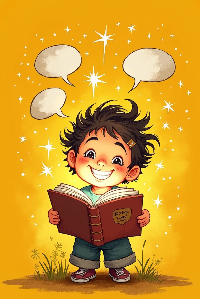A drawn character, with a bright smile and expressive eyes, holding an open book. From inside the book, speech bubbles and little stars pop out, suggesting funny and captivating stories. The background could be a bright color, such as yellow or orange, to attract attention and give a happy and welcoming ambiance.