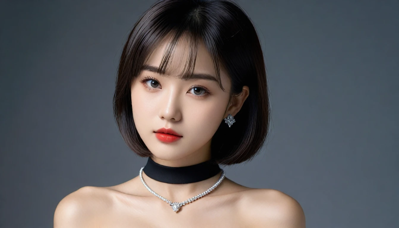 8k, Ultra-high resolution, Highest quality, masterpiece, 三分割法によるphotograph,Surreal, photograph, 1 Girl, (:1.3), pretty girl, Cute Face, 細部までBeautiful Eyes, 細かくdetailedに,masterpiece,One Girl:1.2,Japan Female Teachers,cowboy shot,Serious expression,Black Hair,Bowl cut,Super Beautiful Girl 4,((1 girl:1.4)),Shine, Natural skin texture、(Stylish clothes:1.4)、(The highest rank of ceremonial attire:1.4)、Formal wear,Attractive girl、16 years oldmale body:1.4)、(女の子のポートレートphotograph:1.4)、(Photorealistic images:1.4),Fantasy art,(Beautiful Face:1.4),Beautiful and attractive eyes、Beautiful Eyes、(Tight waist:1.4)、(9 Beautiful girls with perfect body proportions:1.4),Red lips,(choker:1.4、necklace:1.4、Earrings:1.4),Looking at the audience,(((Ideal body type))),A-cup small breasts :2,、Portraiture:2、Perfect Anatomy、鮮明なdetailed、detailed,Fashion magazine cover,Thin lips,Gray background ,完璧でBeautiful Face ,完璧でCute Face, Skin with attention to detail, Perfect limbs、Narrow waist,Looking at the audience,(((Ideal body type))),A cup small breasts :2,Portraiture:2,Perfect Anatomy,鮮明なdetailed,detailed,Surreal,Light and shadow,spotlight