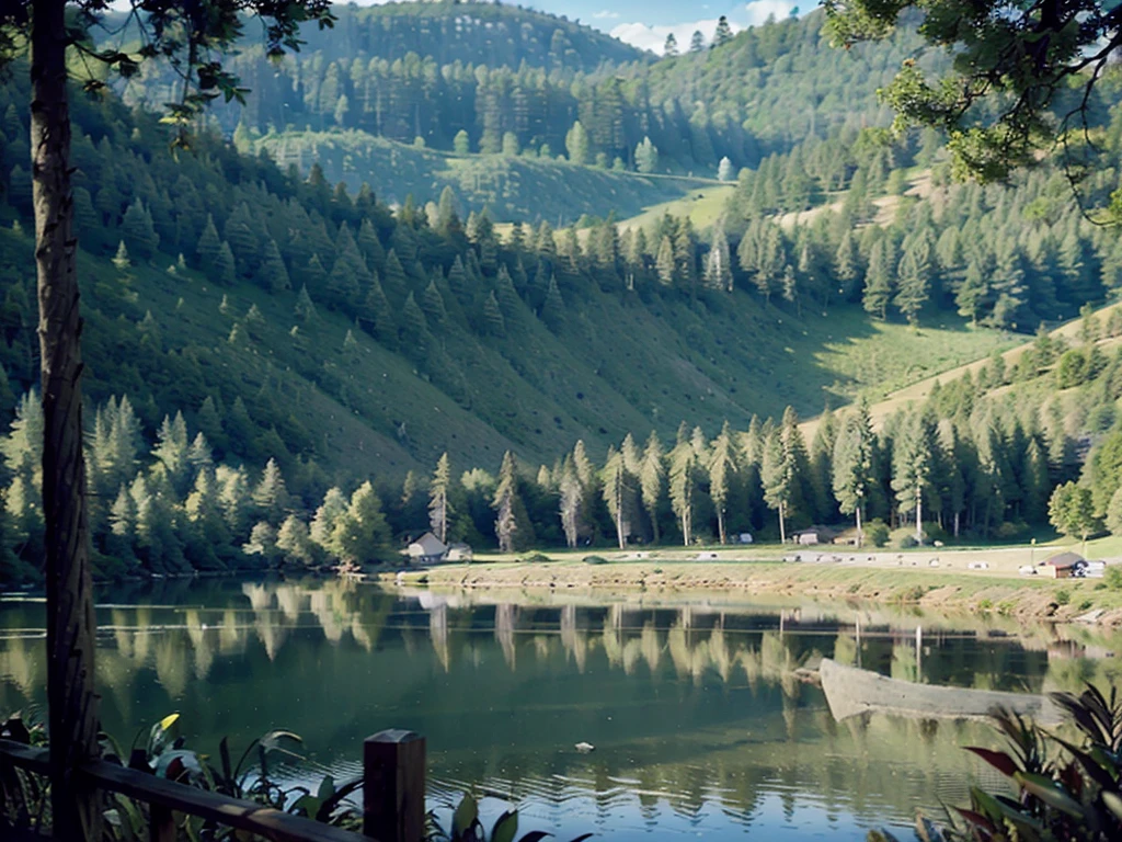 Morning. Nature. Sunny. Lake. Trees. Village .Forest. Professional photo, 4k, hyperrealism, f/16, 1/100s, high definition, depth of field, hyper detail. Beautiful. In the distance there is a wooden mill,