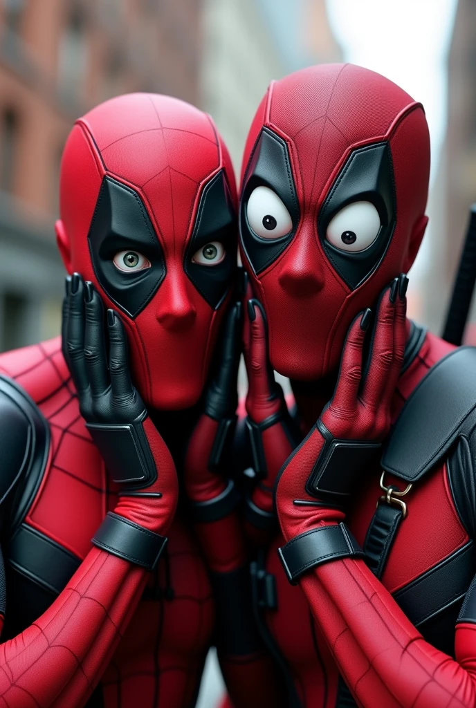 Create an image featuring Deadpool and Spider-Man. Both characters should be doing a surprised expression with their hands on their cheeks, mimicking the classic pose where Deadpool looks shocked with wide eyes and his hands on his face