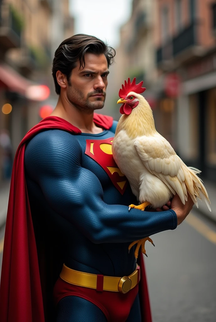 Superman holding a chicken by the neck

