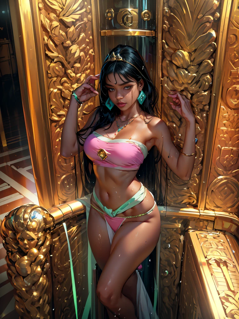 fully body,(best qualityer, 4K, master part :1.3), beautfull woman, hyper realist, 1 girl, (Breasts huge, attractive body :1.2), sit-ups :1.1, body soaking wet :1.2), (even, face ultra-detailed, detailed lips, detailedeyes, (dark-skinned woman),Chel \(to road to El Dorado\), Diamond band,(Tiara Rosa:1.2), g-string,(elevador de g-string:1.5),Breasts huge