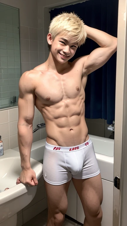 Japanese high school boy、、Well-developed muscles and smooth skin、Spiky light blonde hair、Relaxed and friendly smile、Boxer briefs、The whole body is visible from toes to head、Fist pump in the bathroom、burst