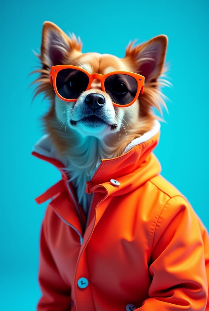 The best cell phone wallpaper, Award-Winning Wallpaper, portrait photography, In the front view is a portrait of a cute dog wearing mid-1960s space age fashion, Side view photo, Shot with Canon EOS R5, Set a strong contrast that accentuates the subject, Fluorescent blue tone, Wearing a very modern coat and sunglasses is a modern 1960s style, Clothes all in one color, beautiful background