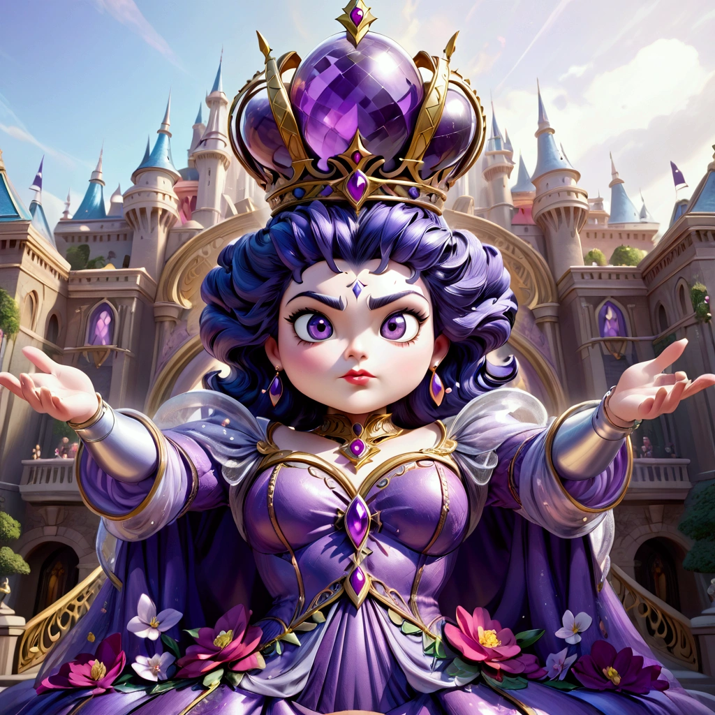 a close up of a statue of a woman in a purple dress, female disney villain, evil princess, disney villain, princess of amethyst, lovely queen, princess intergalactica, queen and ruler of the universe, beautiful animal pearl queen, artificial intelligence princess, disney splash art, disney concept art, diseny animation style, disney render, big disney eyes, disney character