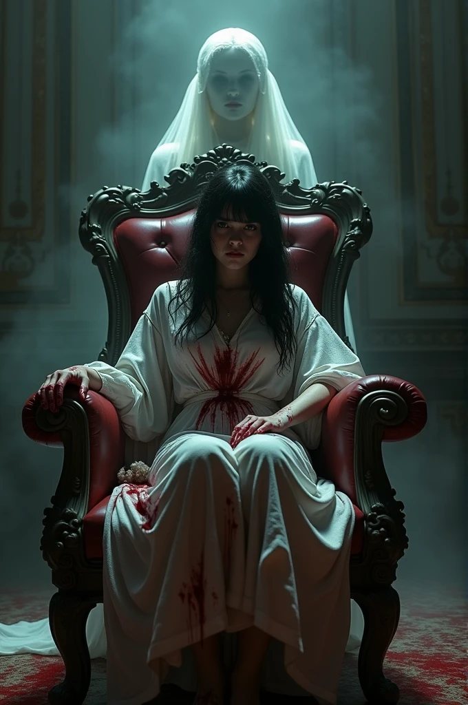 A murderous girl stained with blood sitting on a mafia throne and behind her appears the headless bride