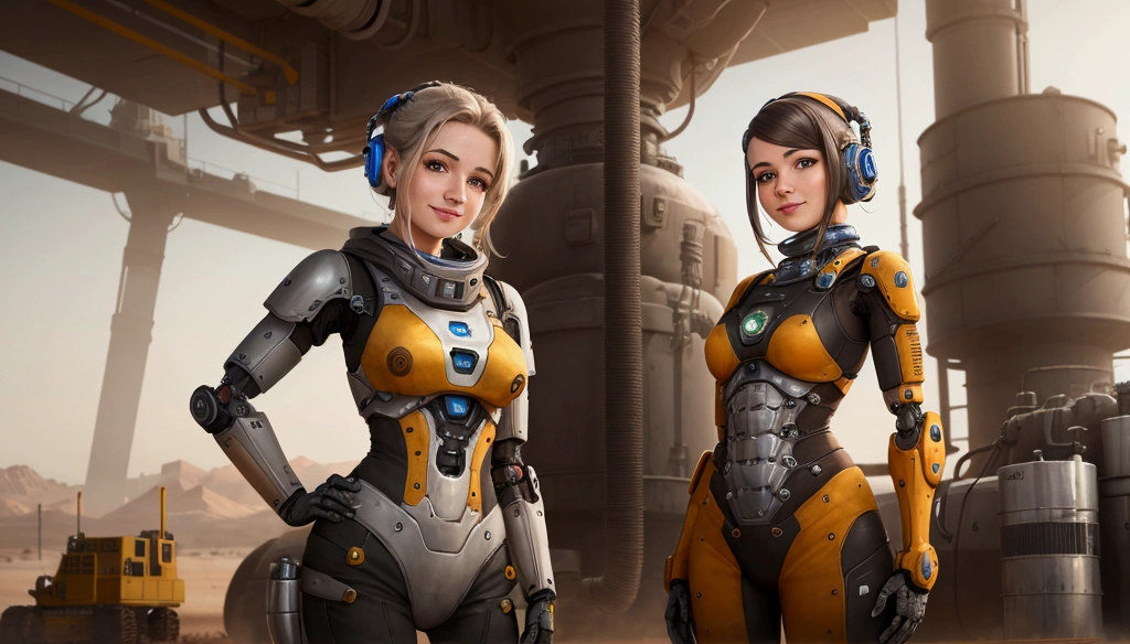 Industrial Robotic arm. The woman smiles gratefully. They are working in a robotic factory. looking at camera. she is in front. She is dressed in desert clothing and next to her is a schnauzer