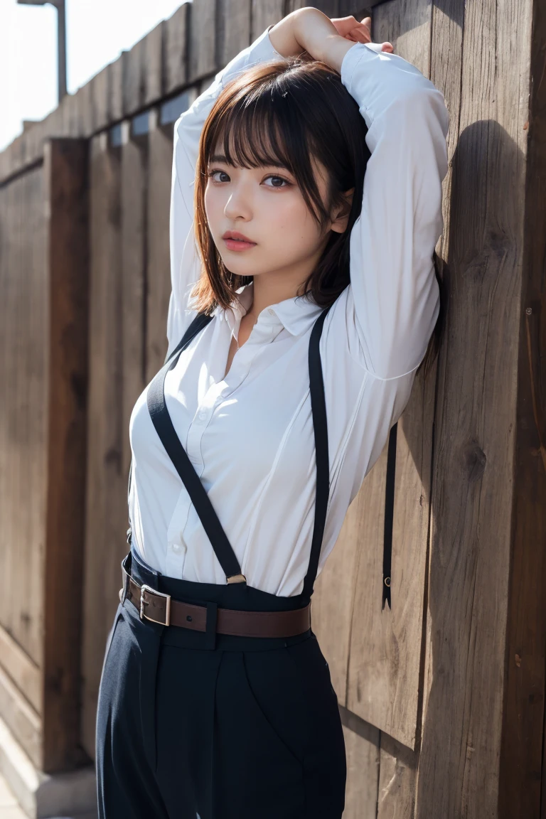 masterpiece、Flat Color、Depth of written boundary、Lens Flare 1 Girl、、Brown Hair、Staring at the audience belt Black suspenders Plump breasts Armpit sweat sweating Sides of both hands wall: Black trousers, sight Small face bangs over eyes Aside Cutter Shirt huge、Age 25