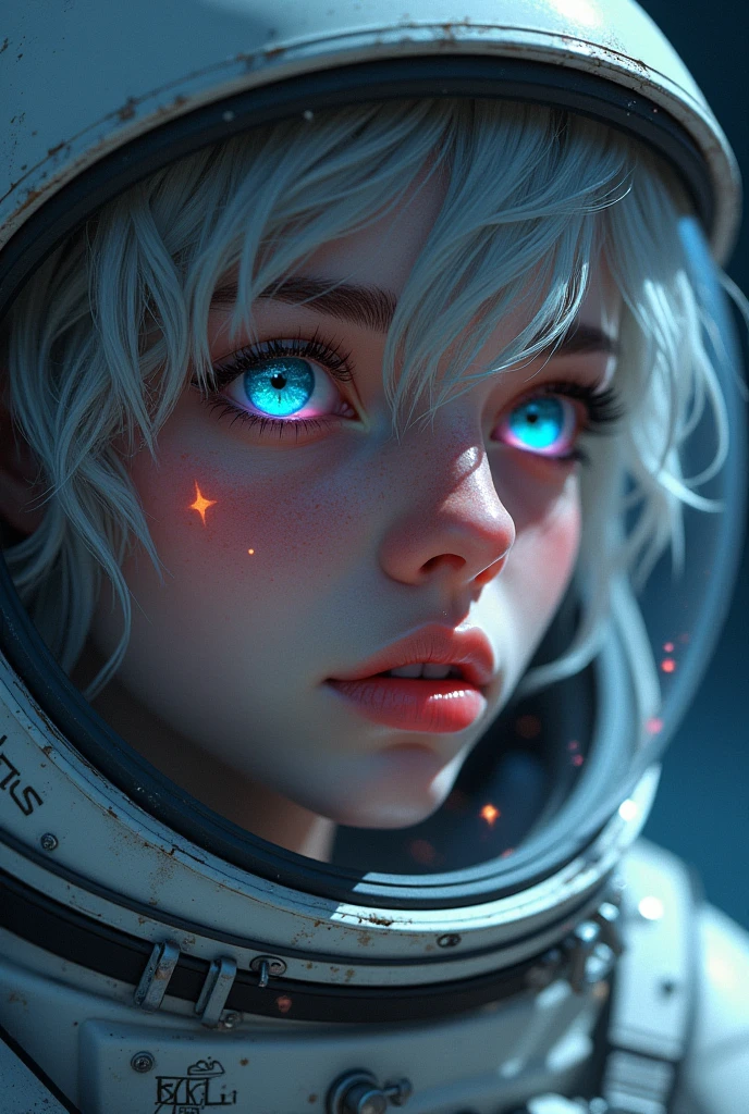 (Close-up of a better masterpiece:1.5)0.9], (Space and astronauts:1.2) (Messy silver hair:1.1) (Heterochromia xanthochromia and blue eyes:1.2) (Space Helmet:1.0) (Colored stars in the eyes:1.0) (A radiant glow:1.1) (thick lips:0.9)