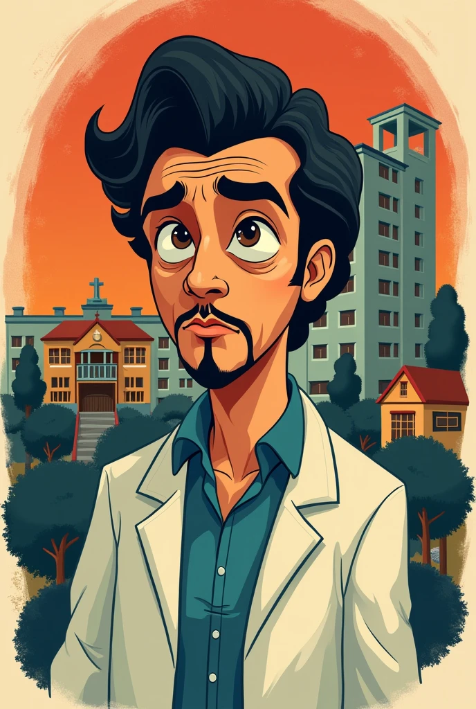 It is inspired by the work of the book by Machado de Assis or alienist Dr. Simão Bacamarte:
Draw a Disney cartoon portrait, disney style, his stylized, with a thoughtful or intense expression. It could be with a medical coat and a concentrated expression.
Asylum Behind or next to Bacamarte, draw a simple building that represents an asylum, with some windows and a hospital structure.
Additional Elements:
city environment:
Draw some simple houses or trees in the background to represent the city of Itaguaí.
Symbols of Sanity and Madness:
Add symbols, like a scale to represent balance (healthcare) and a spiral or cloud to represent confusion (craziness).
Location: At the bottom or next to the main drawing.
texto: “Crítica à healthcare e ao poder na sociedade” ou uma frase curta que capture o tema do livro.
in simple ways