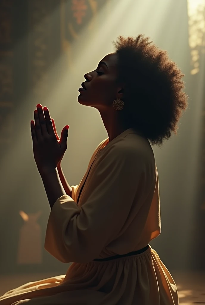 Black woman with a deep intimacy with God on her knees 