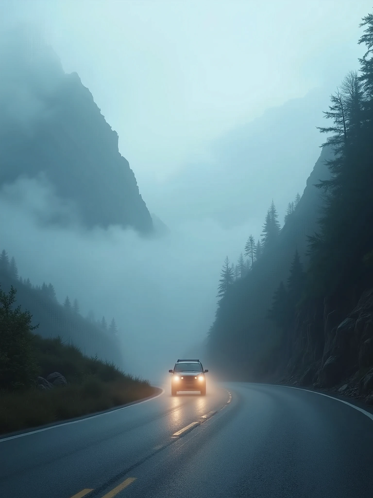 Journey through winding mountain roads shrouded in fog, every curve and detail beautifully rendered in Ultra HD clarity.