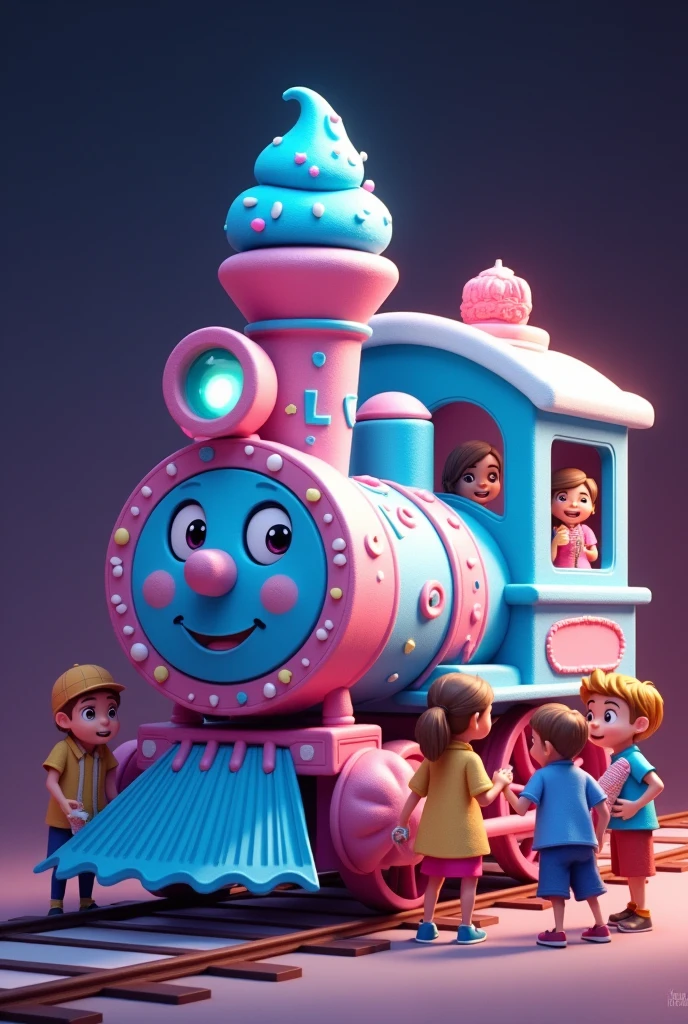 Adorable male gender train with ice cream decoration in vibrant blue and pink tones and with a black and purple background degraded to each other and with a man serving ice cream to boys and girls