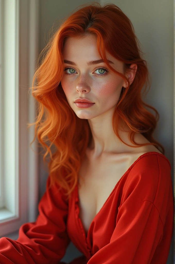 Beautiful white woman of 25 years, Tez blanca, wavy red hair, dressed in casual red